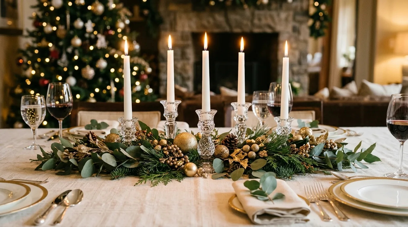 Elegant holiday centerpiece ideas for dining table styling.
